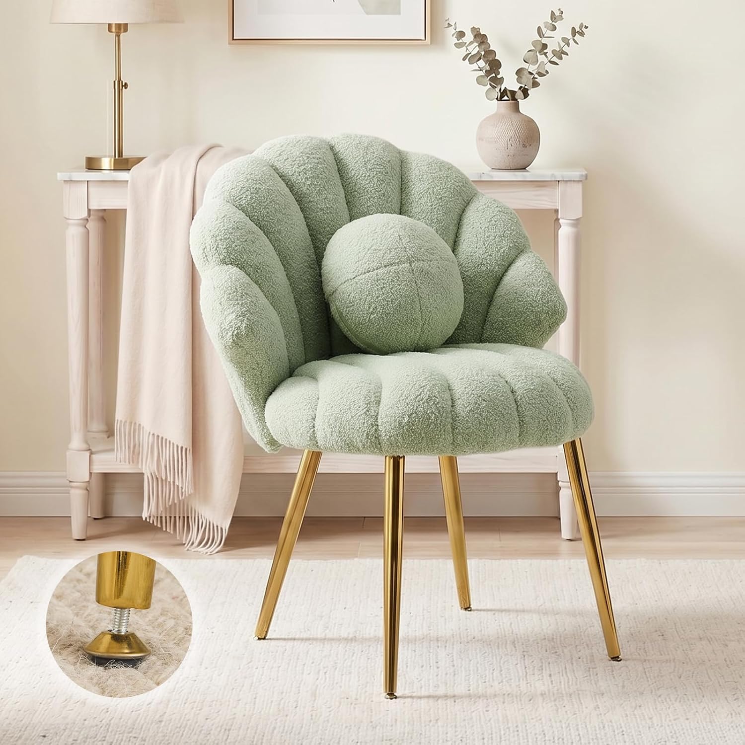 VINGLI Shell-Shaped Teddy Fleece Accent Vanity Chair with Back,Comfy Green and Gold Desk Chair No Wheels,Cute Small Pearl Deco Pillow,Gift for Girls/Women,for Makeup,Office,Dining,Nail,Sewing,Bedroom