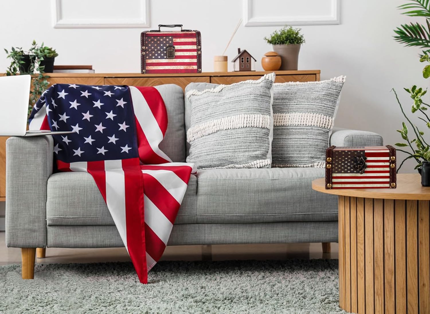 WaaHome Treasure Box 5'' Small Decorative Box Wood Jewelry Keepsakes Box with Lids for Home Decorations (American Flag)