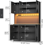 Gyfimoie 71" Kitchen Pantry with Power Outlet & LED Light, Large Kitchen Hutch Cabinet with Adjustable Shelf, Modern Buffet Cabinet with 6 Doors, Food Pantry Storage for Dining Room (Black - 6 Doors)