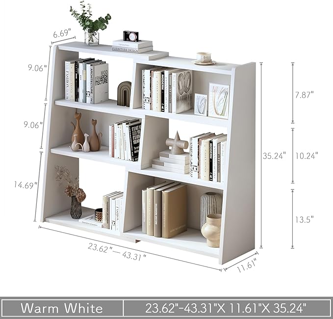 IOTXY Wooden Extendable Shelf Bookcase - 3-Tier Ladder Low Short Bookshelf for Small Space or Corner, White, S