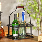 Metal Wine Bottle Carrier 6 Bottle Wine Carrier with Wood Handle (Black) | Farmhouse Metal Wine Rack Basket Caddy Decorative Wine Display Stand for Wedding Bar BBQ Picnic Red White Wine Milk Storage