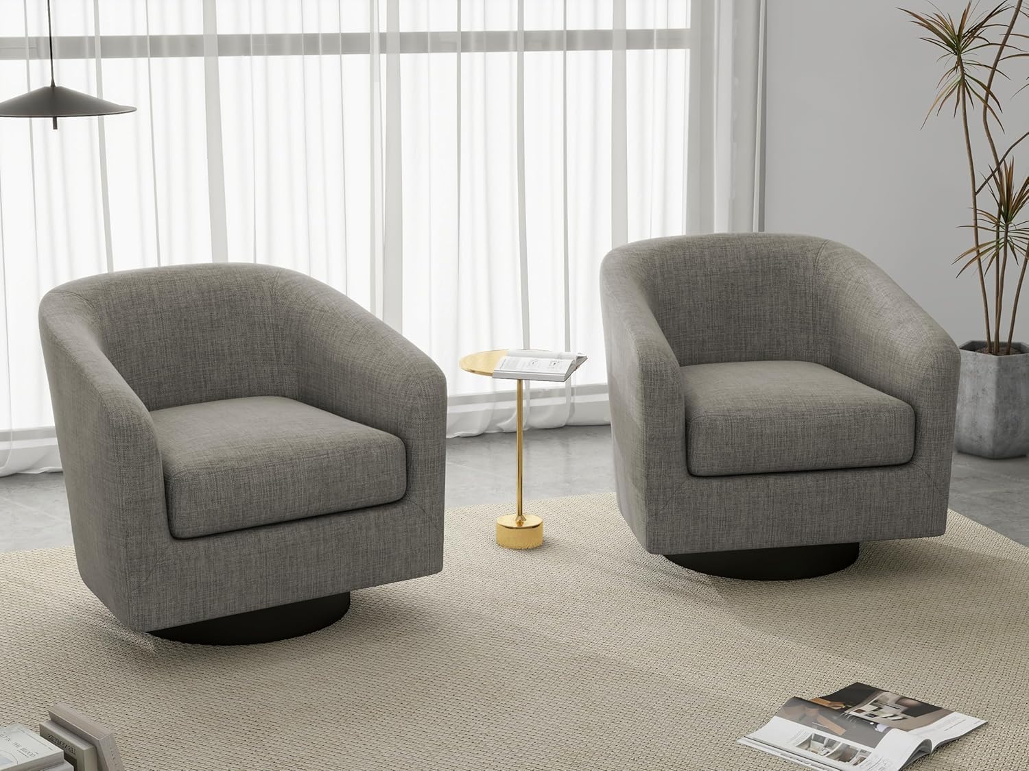 Swivel Accent Chairs Set of 2, Fabric Barrel Armchair, Khaki | Modern Upholstered Club Chair | Comfy Reading Seat with Removable Cushion | For Living Room, Bedroom, Office