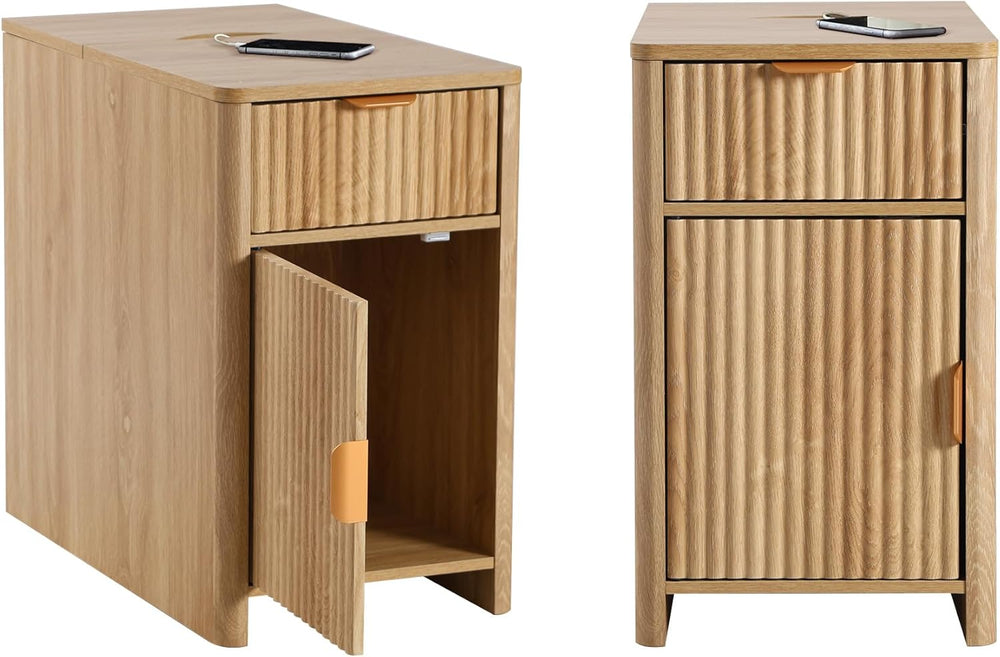 Fluted Narrow End Table with Charging Station, Boho Side Table with Drawer St...