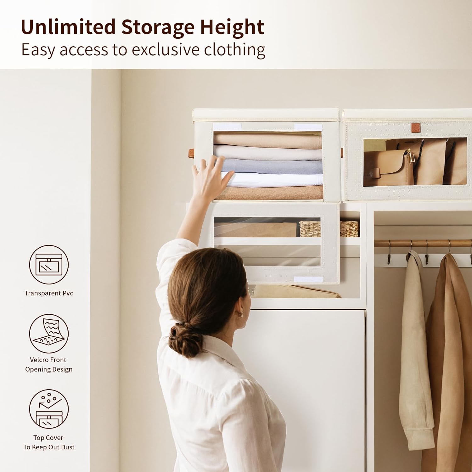 Collapsible Storage Bins - Large Closet Organizer with Handles & Window, Decorative Storage Boxes, Fabric Containers for Living Room, Dorm, 4 Pack, Beige