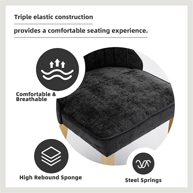 Dining Chairs Set of 4，Modern Channel Tufted Upholstered Dining Chairs with Golden Stainless Steel Legs, Comfortable Chenille Fabric Kitchen Chairs for Dining Room (Black, 4pc)