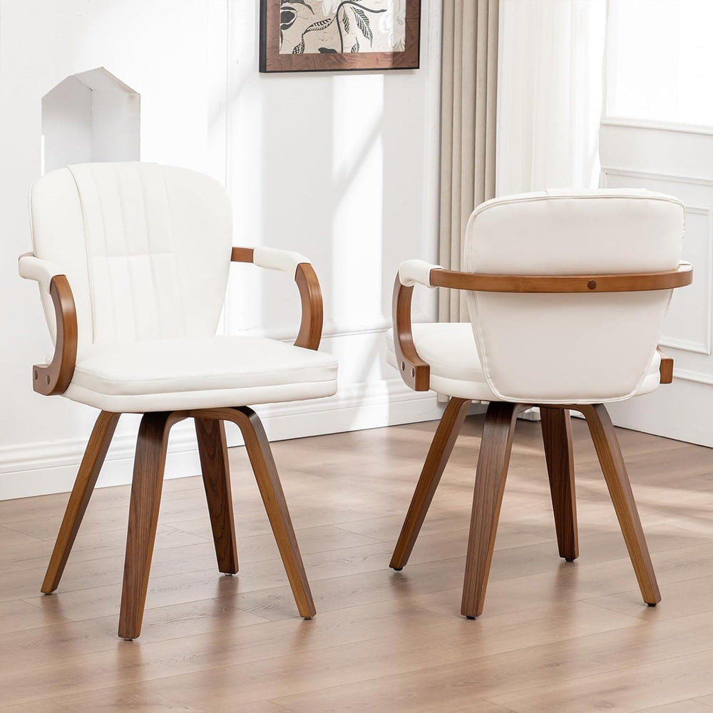 Swivel Dining Chairs Set of 4 Mid Century Modern White Faux Leather Upholster...