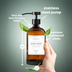 Vine Creations Amber Glass Soap Dispenser Set - Kitchen Soap Dispenser Set with Stainless Steel Pump - 16 oz Dish Soap and Hand Soap Dispensers for Bathroom with Silicone Pad & Waterproof Labels
