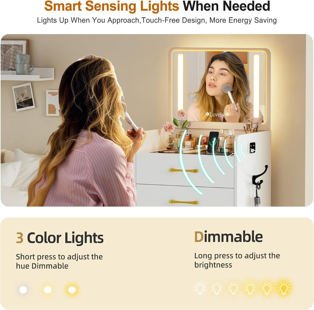 3 in 1 Vanity with Mirror and Sensor Lights,Charging Station,Pure White | Gla...