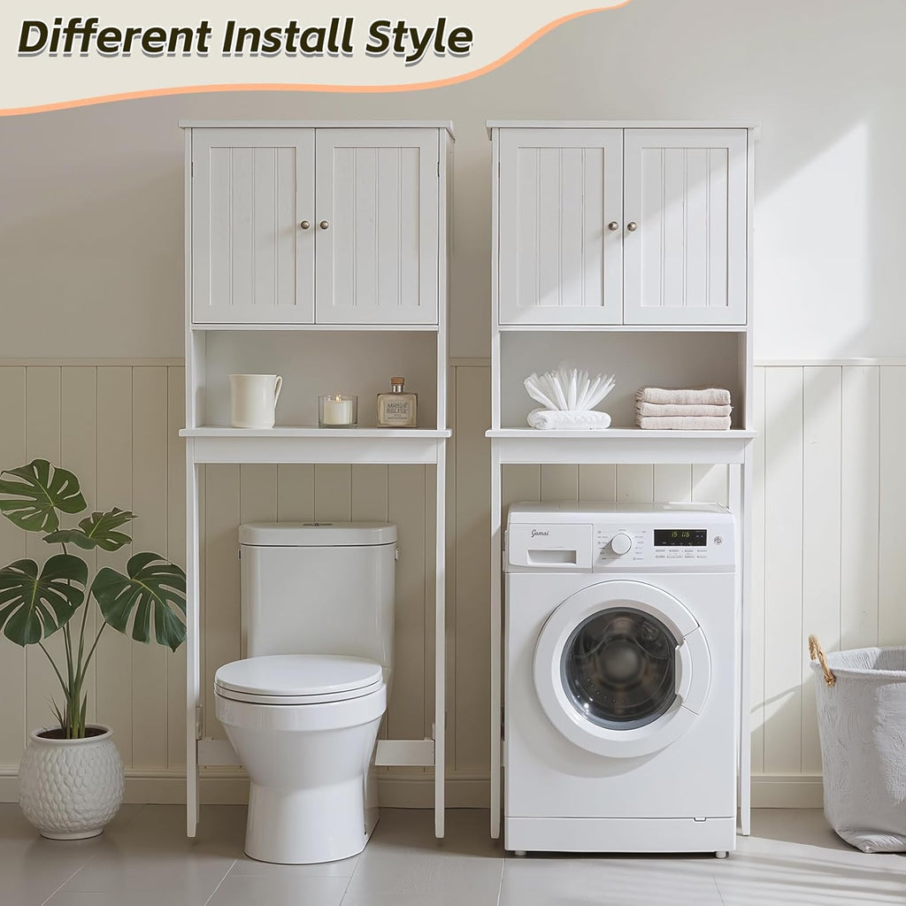 Over The Toilet Storage Cabinet, Behind Toilet Bathroom Organizer with Adjustable Shelves, Above Toilet Organizers with Barn Door, Space Saver for Restroom, Bathroom, Laundry