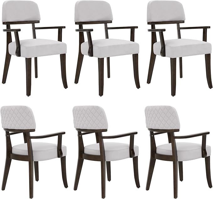 Modern Wood Dining Chairs with Arms Set of 6, Velvet Upholstered Kitchen Chairs with Open Curved Backrest & Black Hardwood Legs, Accent Chairs 350 LBS Capacity, Grey