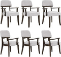 Modern Wood Dining Chairs with Arms Set of 6, Velvet Upholstered Kitchen Chairs with Open Curved Backrest & Black Hardwood Legs, Accent Chairs 350 LBS Capacity, Grey