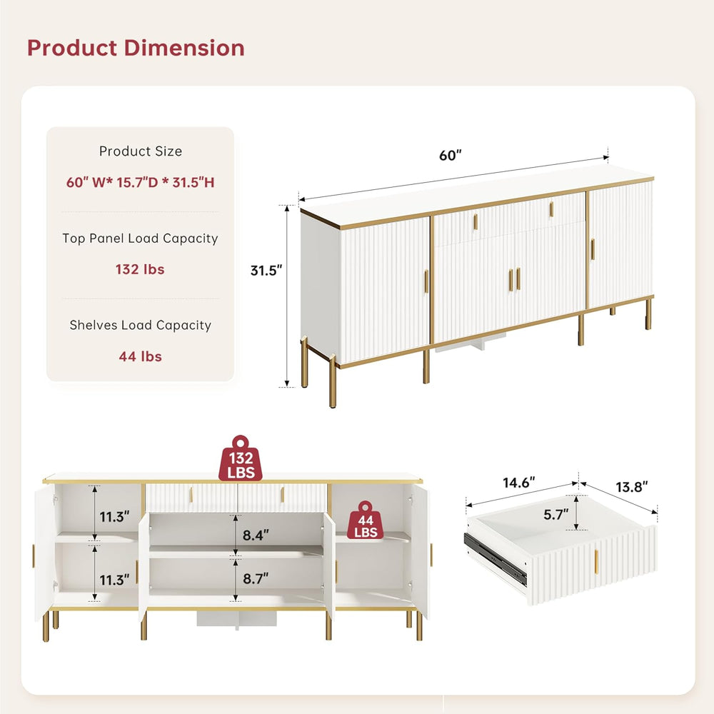 60" Modern Kitchen Buffet Cabinet, Buffets & Sideboard with Storage,...