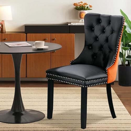 3-Pieces 31.5" Round Dining Table Set for 2, Black Dining Table & PU & Velvet Upholstered Dining Chairs Set of 2 for Kitchen Dining Room Apartment Small Space(Black & Orange Chairs)