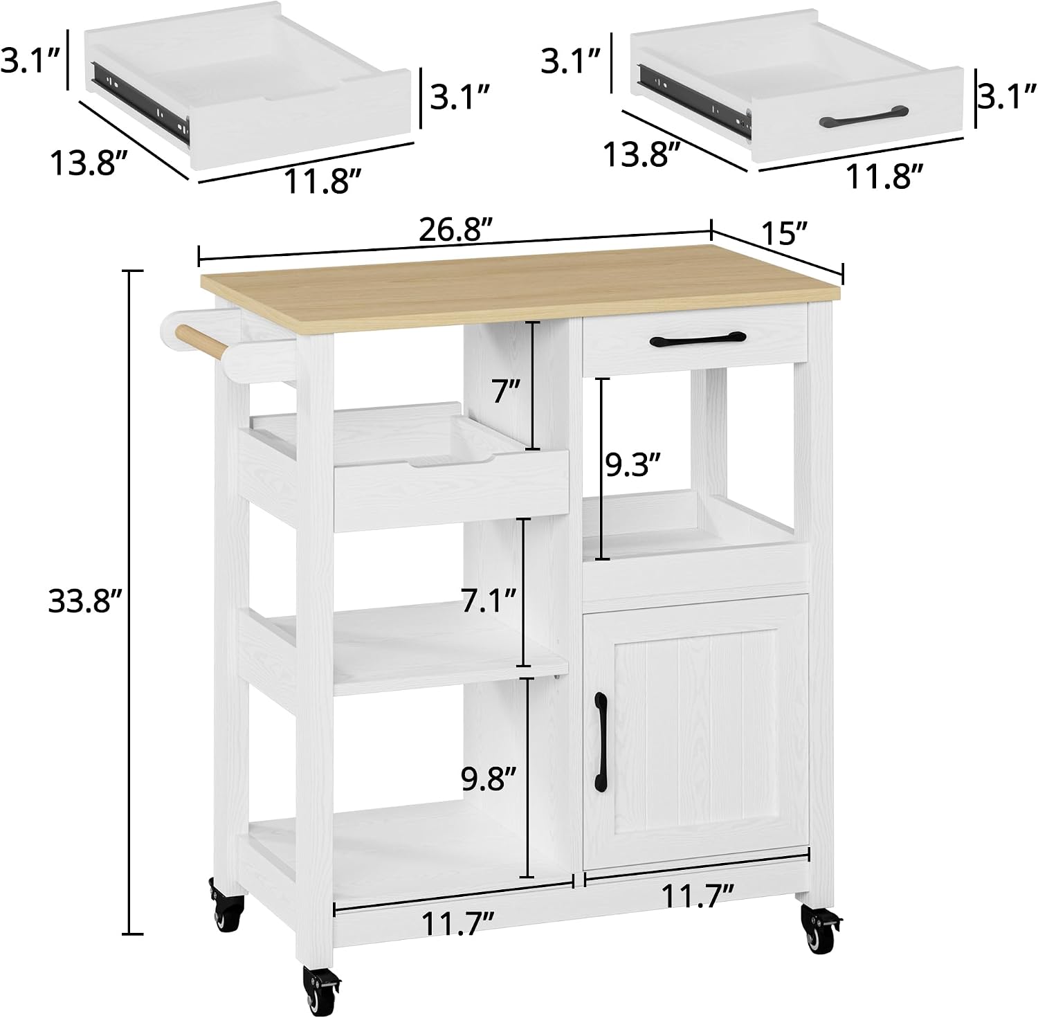 IRONCK Kitchen Island with Storage, Rolling Kitchen Island on Wheels, Kitchen Cart with Cabinet, Open Shelves, Drawer for Home,White and Natural
