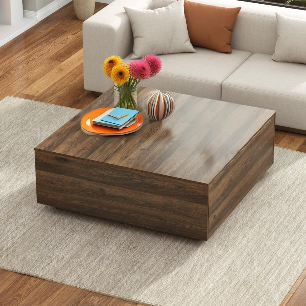 43 Inch Large Square Coffee Table with Storage,Wooden Coffee Table((Walnut)
