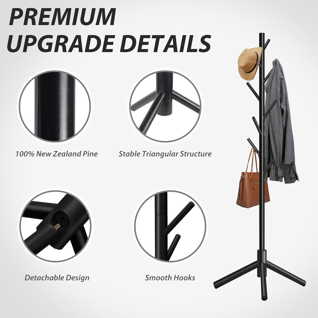 Unisakey Durable Wooden Coat Rack, Freestanding Coat Rack with Stable Triangular Base, 8 Hooks & 3 Adjustable Heights, Simple Assembly for Bedroom, Hallway, Office(New Black)