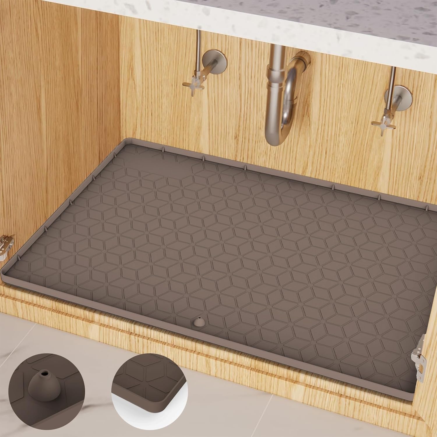 Under Sink Mat for Kitchen, Silicone Waterproof Liner, Flexible Organizer Tray with Drain Hole, 3.7 Gallons Capacity, Easy to Clean