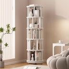 Solid Wood Rotating Bookshelf on Wheels, 5 Tier, Round Revolving Bookcase, 360° Spinning Book Shelf Tower for Kids, Narrow Rolling Bookshelves for Small Space, Corner, Bedroom, Office, White