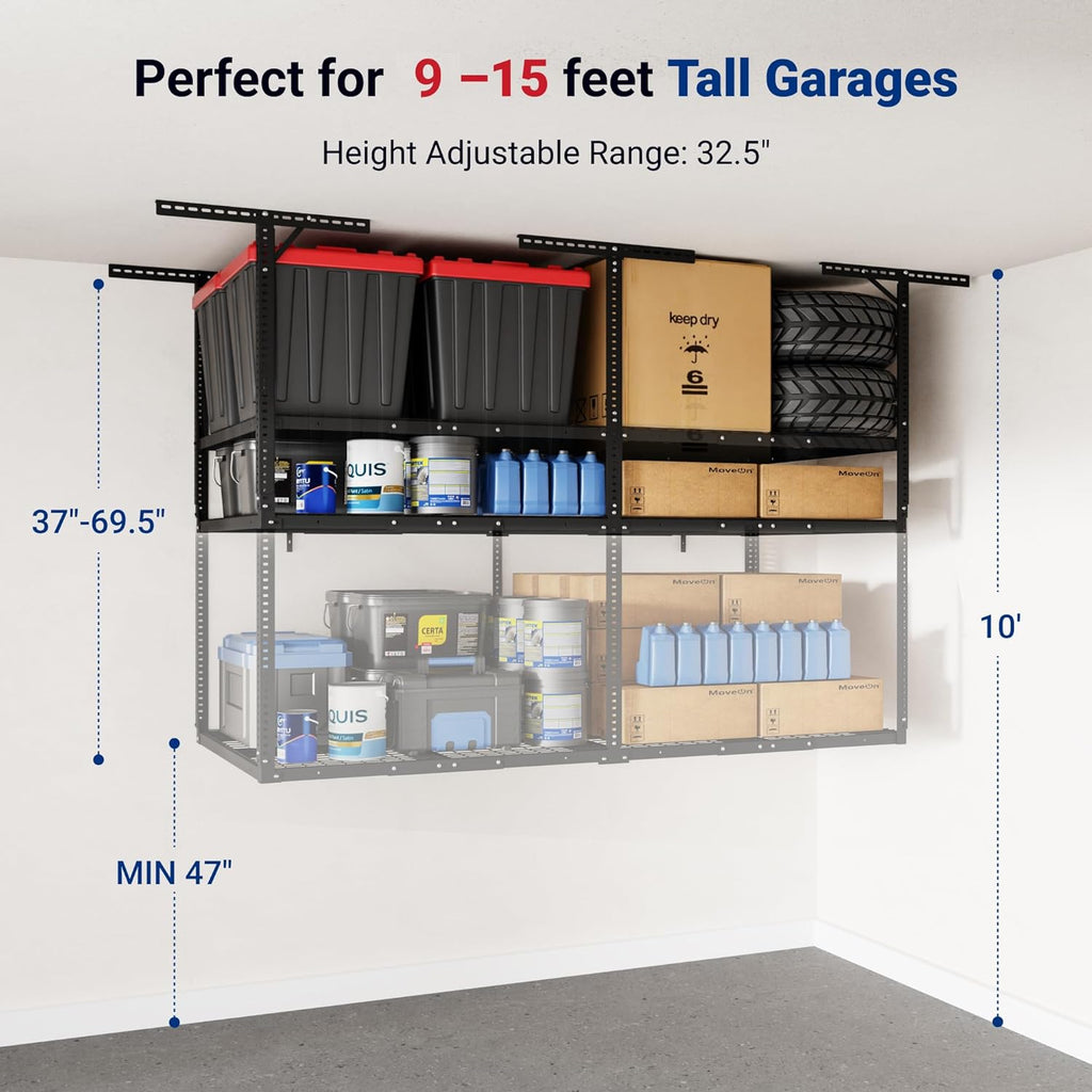 FLEXIMOUNTS 4x8 2-Tier Overhead Garage Storage Rack – Adjustable Heavy Duty Metal Garage Ceiling Storage Racks, 1000 lbs Capacity – Garages Organization System for 9–15 ft Tall Garages, Black