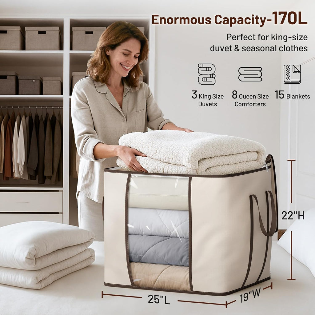 SLEEPING LAMB 170L Huge Blanket Storage Bag, Sturdy Oxford Fabric Comforter Storage Bag with Handles and Window, Foldable Bedding Container Organizer for King-size Duvets, Sheets, Pillows, Clothes