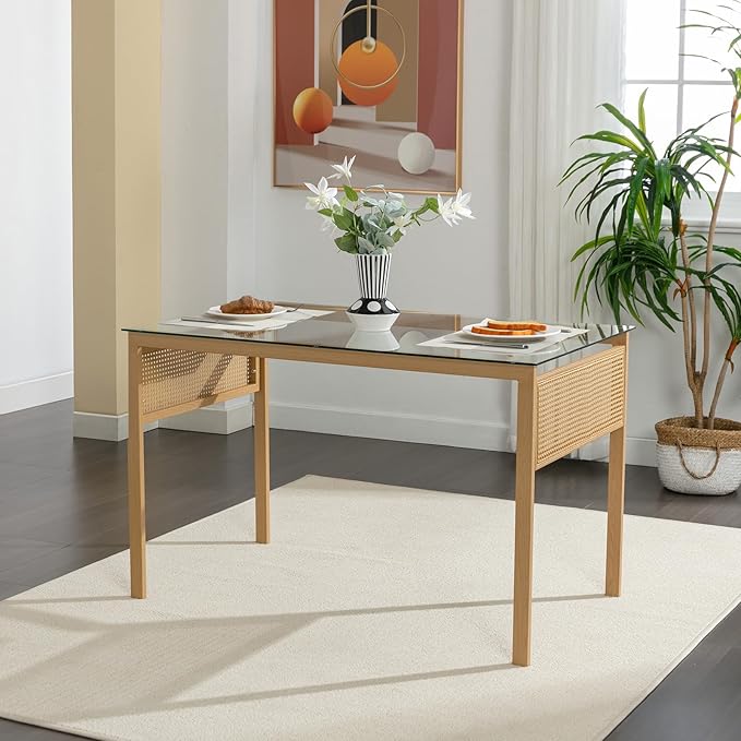 COSVALVE Boho 47 in Dining Table, Tempered Glass Tabletop with Rattan, Metal Legs, for Kitchen Dinner Living Room Reception