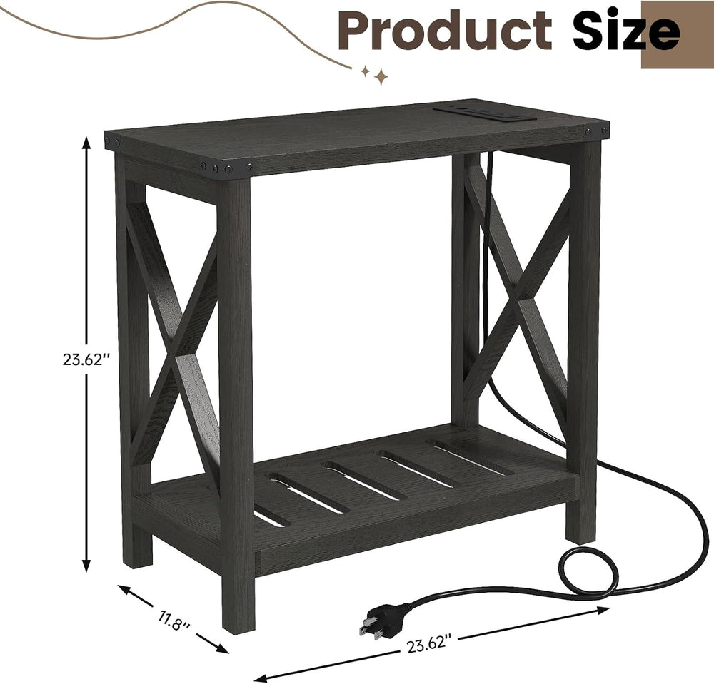 Hadulcet Farmhouse Side Table with Charging Station - Narrow Bedside Table fo...