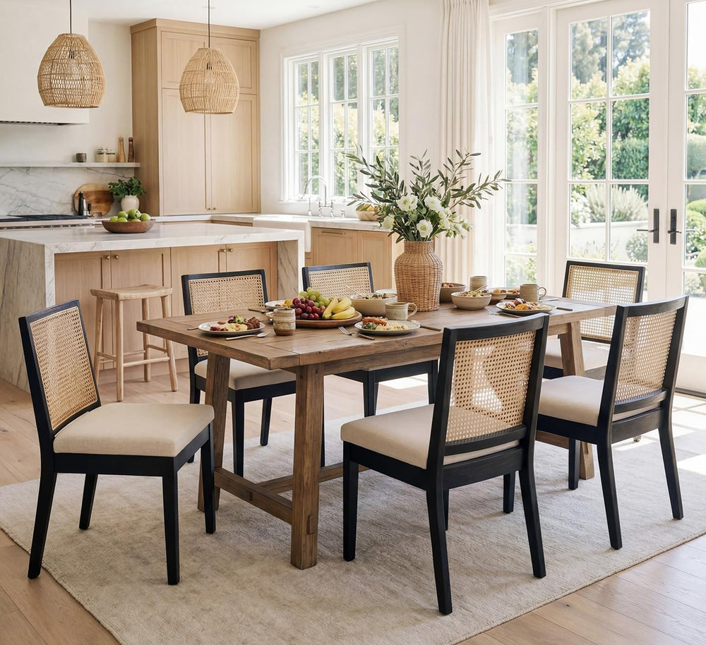 HNY Farmhouse Rattan Dining Chairs Set of 6, Black Solid Hardwood Frame, Upho...