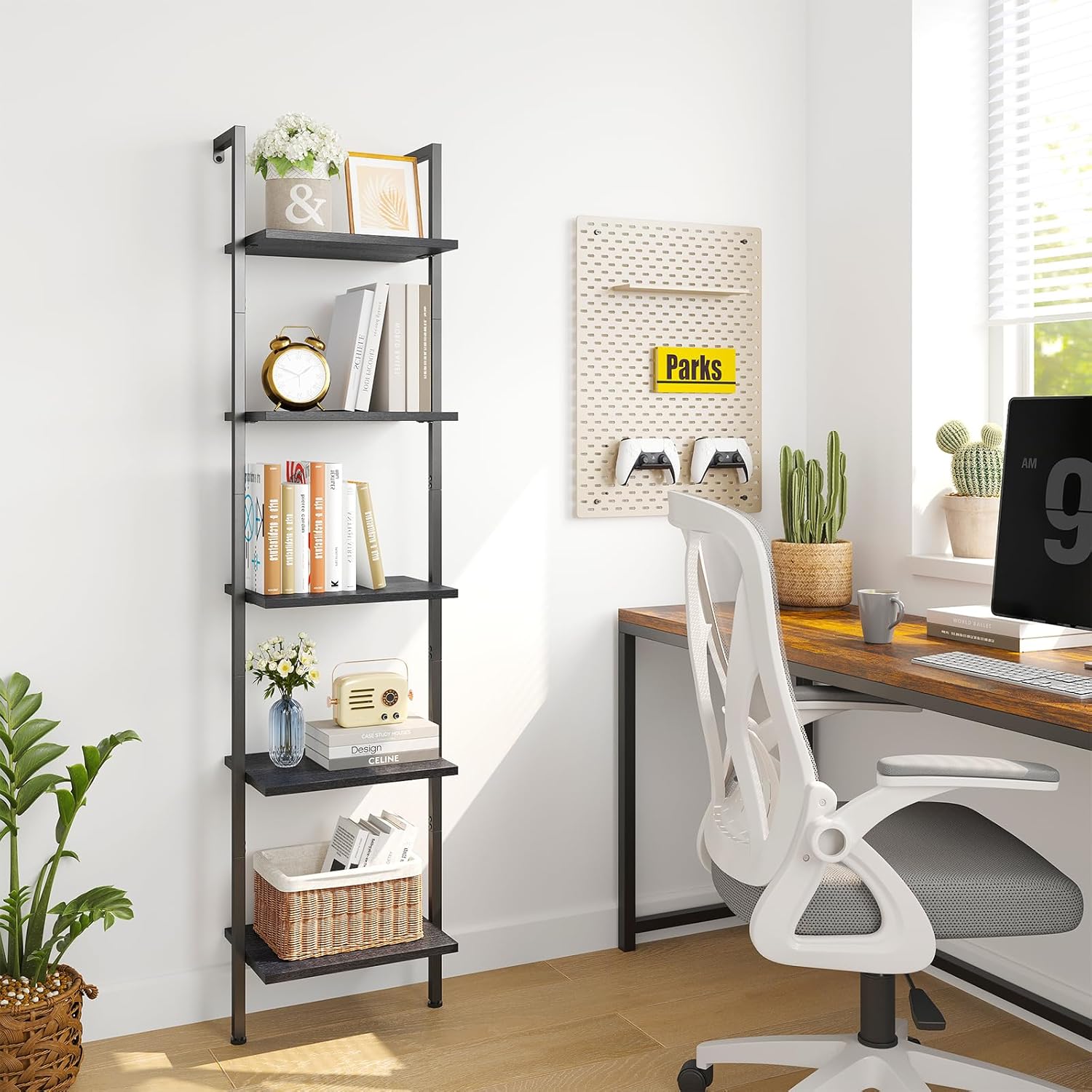 ELYKEN Ladder Shelf, 5-Tier Wood Wall Mounted Ladder Bookshelf | Leaning Storage Shelves with Metal Frame, Vintage Open Display Organizer Rack for Living Room, Bedroom, Home Office, Black