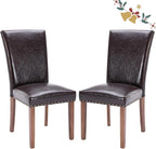 Parsons Dining Chairs Set of 2, Upholstered Nailhead PU Leather Dining Room Kitchen Side Chair with Thick Cushions and Wood Legs, Dark Brown
