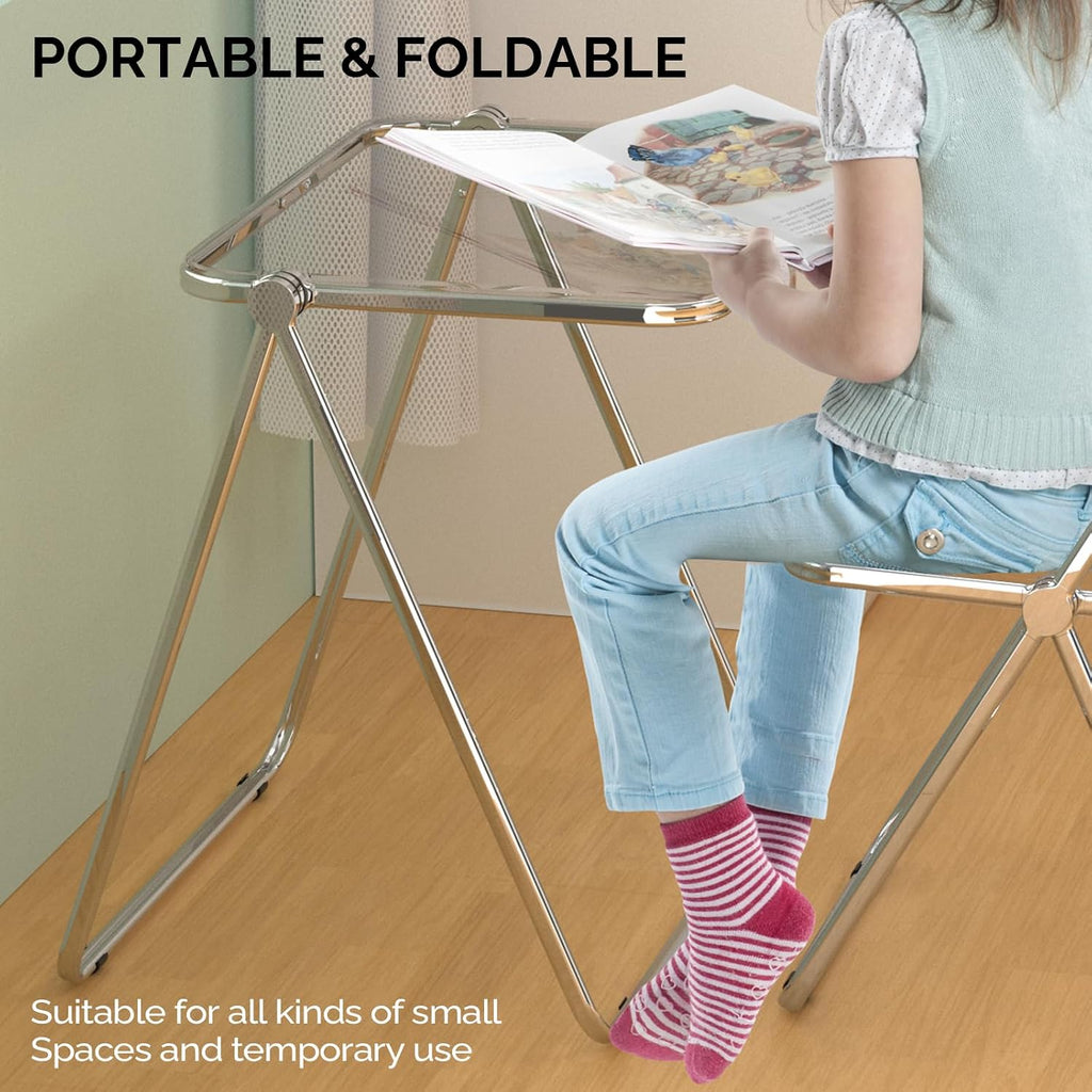 VINGLI Folding Acrylic Table and Chair Set Small TV Tray for Snack Dinner on Couch, Tiny Foldable Desk Writing Desk for Home Office for Small Spaces