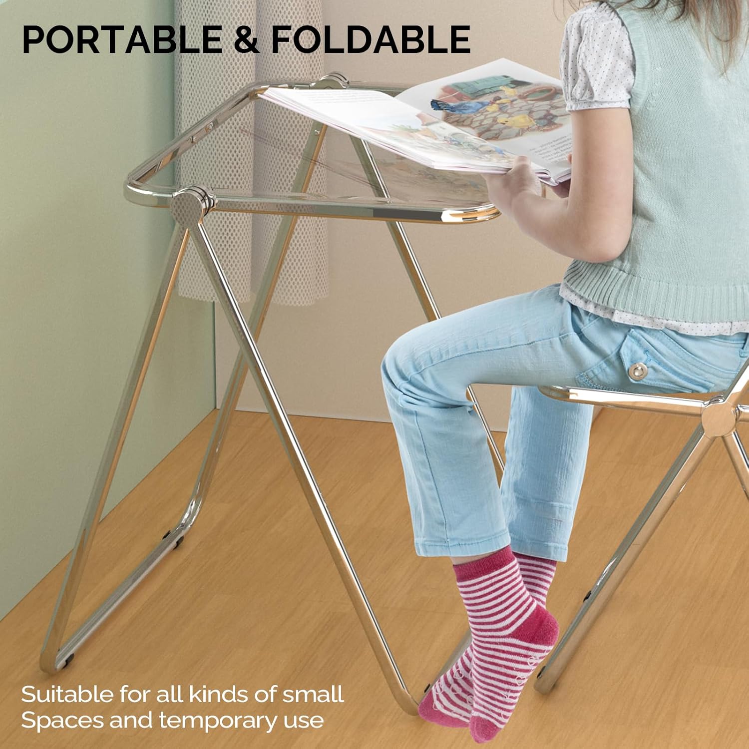 VINGLI Folding Acrylic Table and Chair Set Small TV Tray for Snack Dinner on Couch, Tiny Foldable Desk Writing Desk for Home Office for Small Spaces