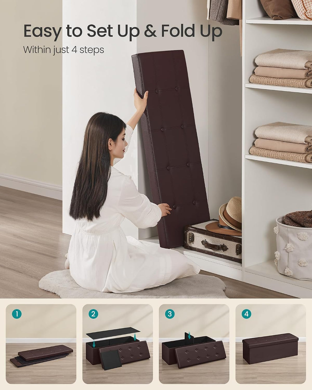 SONGMICS Storage Ottoman Bench, 43.3 Inches Folding Foot Rest Stool | PU Leat...