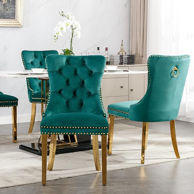 Luxury Upholstered Dining Chairs Set of 8, Green Kitchen Chair with Golden Me...