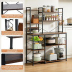 Luckyeestar Bakers Rack with Power Outlet - 6 Tier Microwave Stand with Storage, 35.4 inches Kitchen Shelf with Wire Basket and 12 S Hooks,Coffee Bar Shelf, Adjustable Feet, Rustic Brown Cabinet