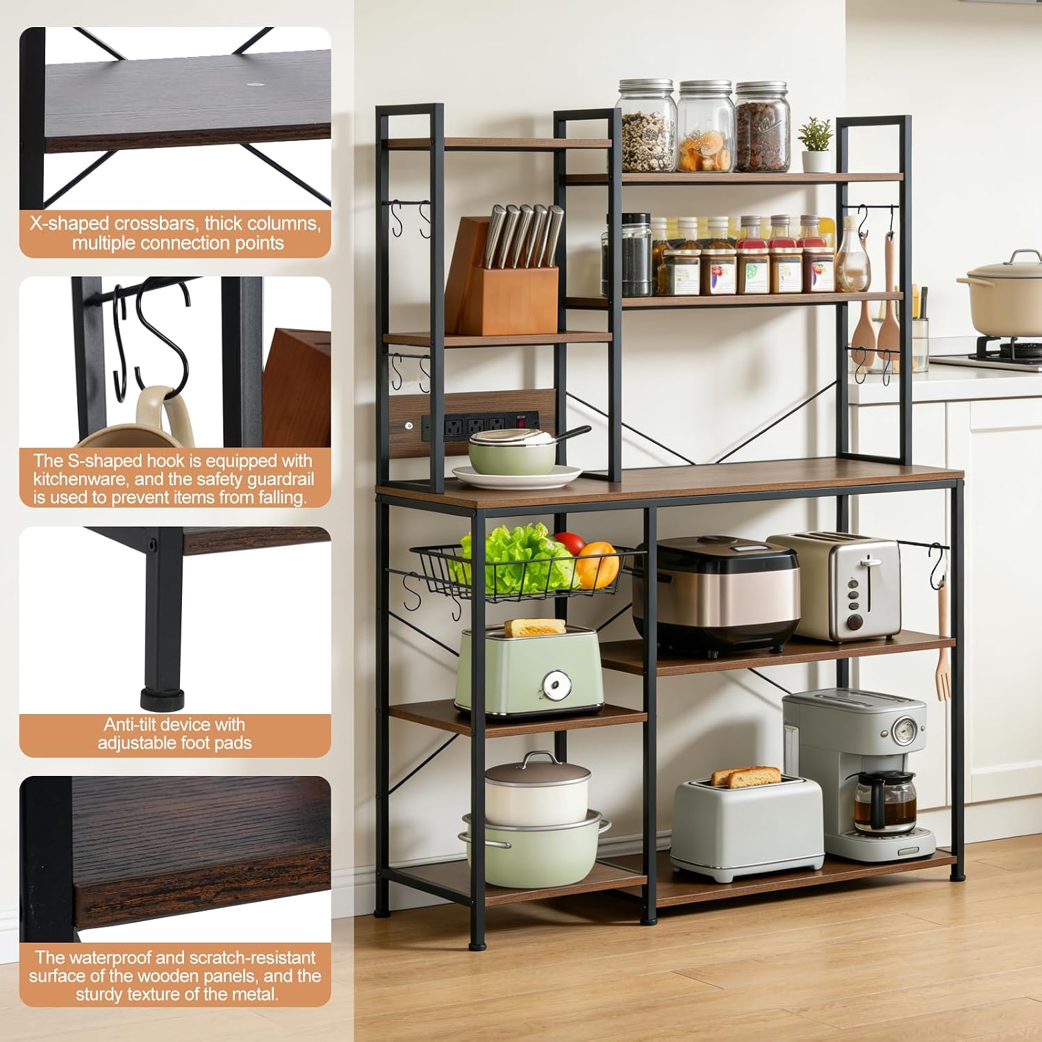 Luckyeestar Bakers Rack with Power Outlet - 6 Tier Microwave Stand with Storage, 35.4 inches Kitchen Shelf with Wire Basket and 12 S Hooks,Coffee Bar Shelf, Adjustable Feet, Rustic Brown Cabinet