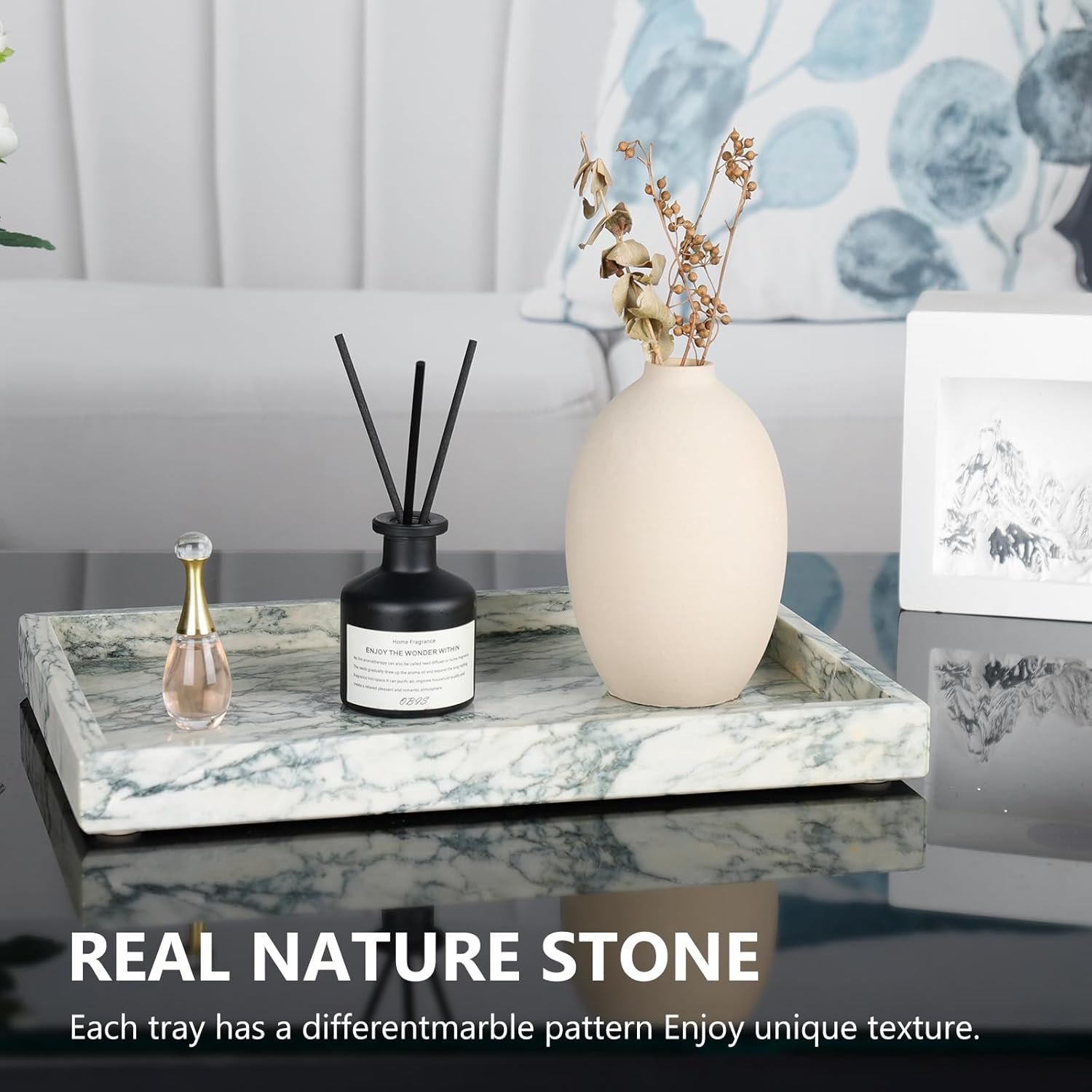Real Natural Marble Tray for Bathroom, Vanity, Kitchen and Desktop, Rectangle Genuine Marble Stone Tray for Jewelry, Cosmetics, Candles, Lotion, Perfume and Home Decor Cyan Green