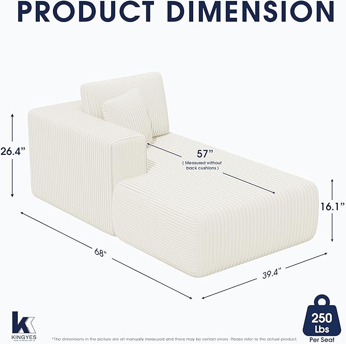 KINGYES Boneless Chaise Lounge Chair for Modular Sectional Sofa, L Shape Corduroy Upholstered Chaise Lounge for Living Room, Beige