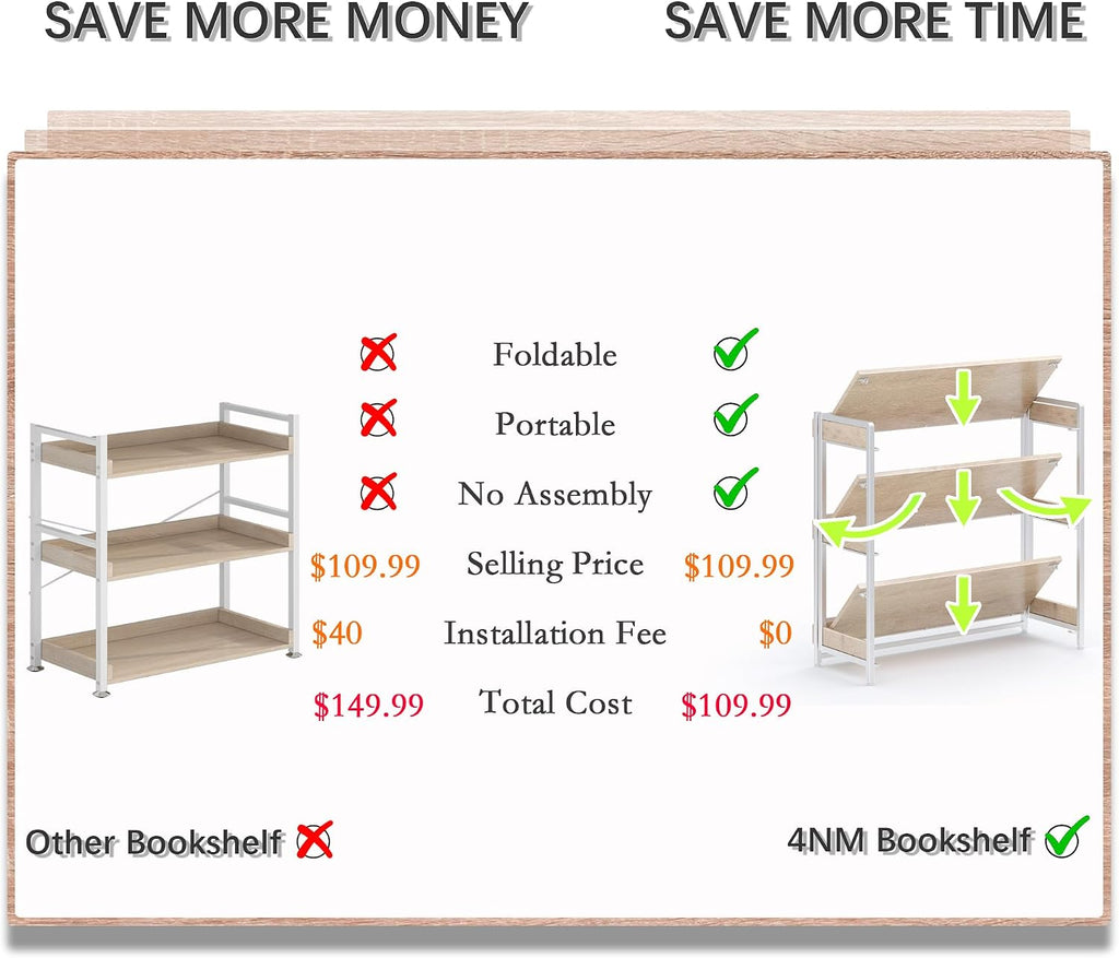 4NM Extra Wdie No Assembly Folding Bookshelf, 34" H x 30.9" W, 3 Tier Collapsible Book Shelf Bookcase Foldable Shelves for Bedroom Living Room Home Office - Cloud Oak & White