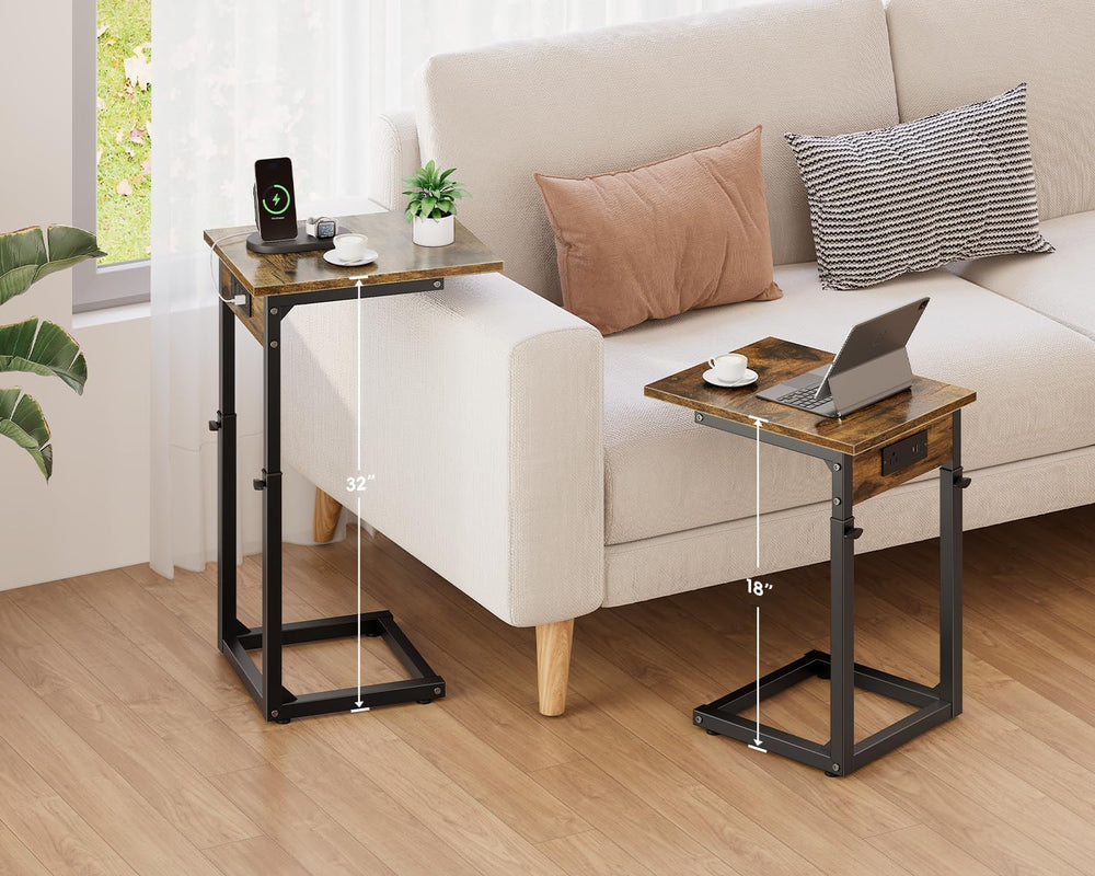 Vagusicc C Shaped End Table with Charging Station, 33"Tall Side Table fo...