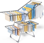 Sakugi Clothes Drying Rack, Foldable 2-Level Laundry Drying Rack with Height-Adjustable Wings, for Clothing & Bedding, Free-Standing Space-Saving Rack, Indoor & Outdoor, 55.5" L × 22.8" W, Gray