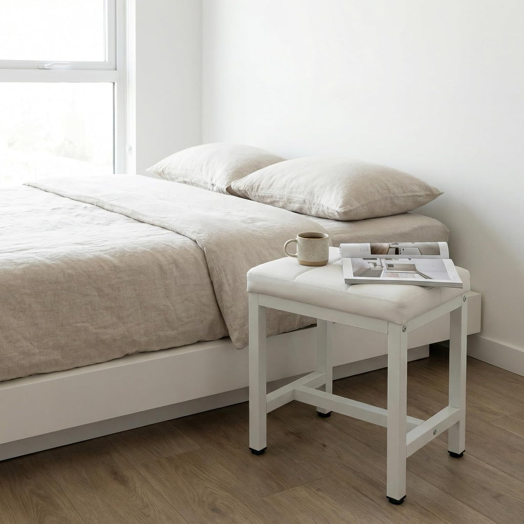 Vanity Stool Chair, Square Faux Leather Makeup Chair with Metal Legs, Cute Small Ottoman Vanity Bench, Foot Stool Chair for Vanity for Bedroom, Living Room, Bathroom, White