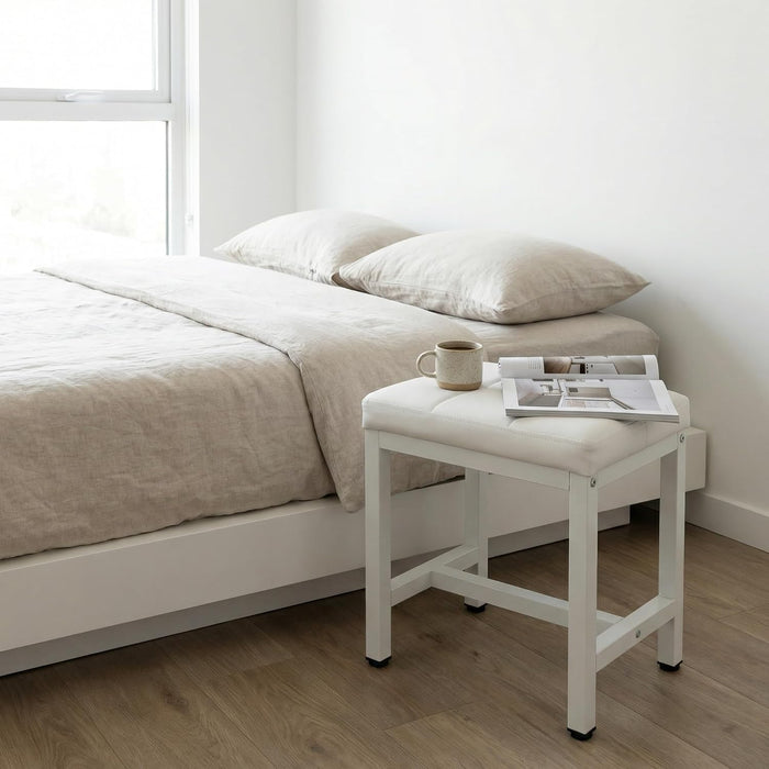 Vanity Stool Chair, Square Faux Leather Makeup Chair with Metal Legs, Cute Small Ottoman Vanity Bench, Foot Stool Chair for Vanity for Bedroom, Living Room, Bathroom, White
