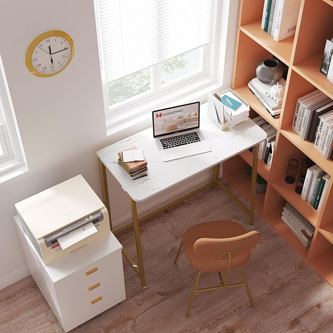 WOHOMO White Faux Marble Folding Desk, 31.5" Small Desk for Small Spaces with Gold Legs, Easy Assemble Foldable Computer Desk, Mini Portable Working Table for Home Office, White and Gold