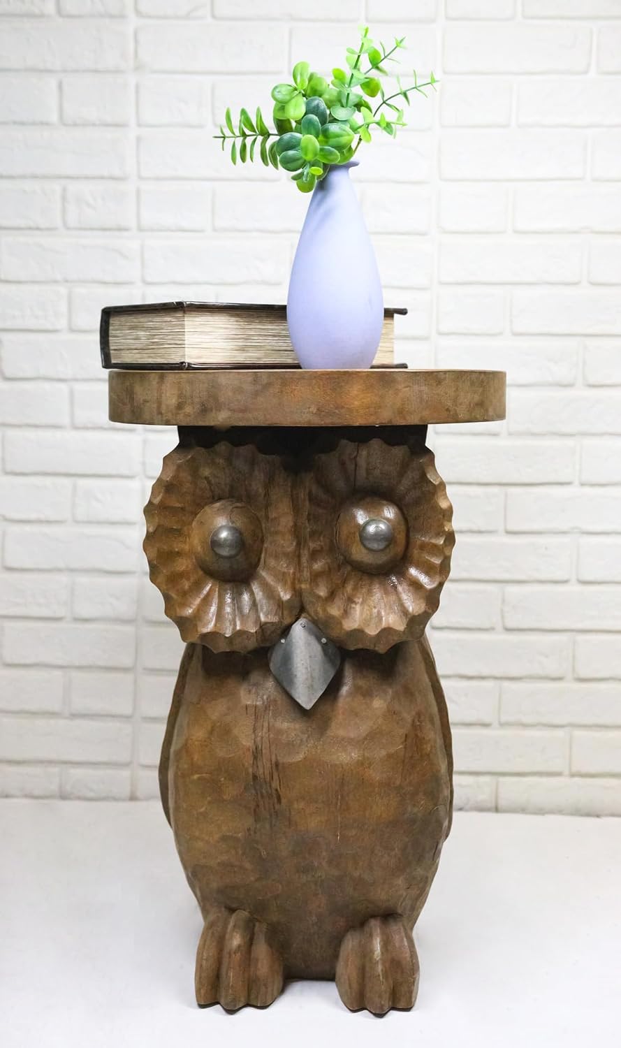 Ebros Gift Hand Carved Whimsical Wise Owl Round Top Sculptural Side Table Mad...
