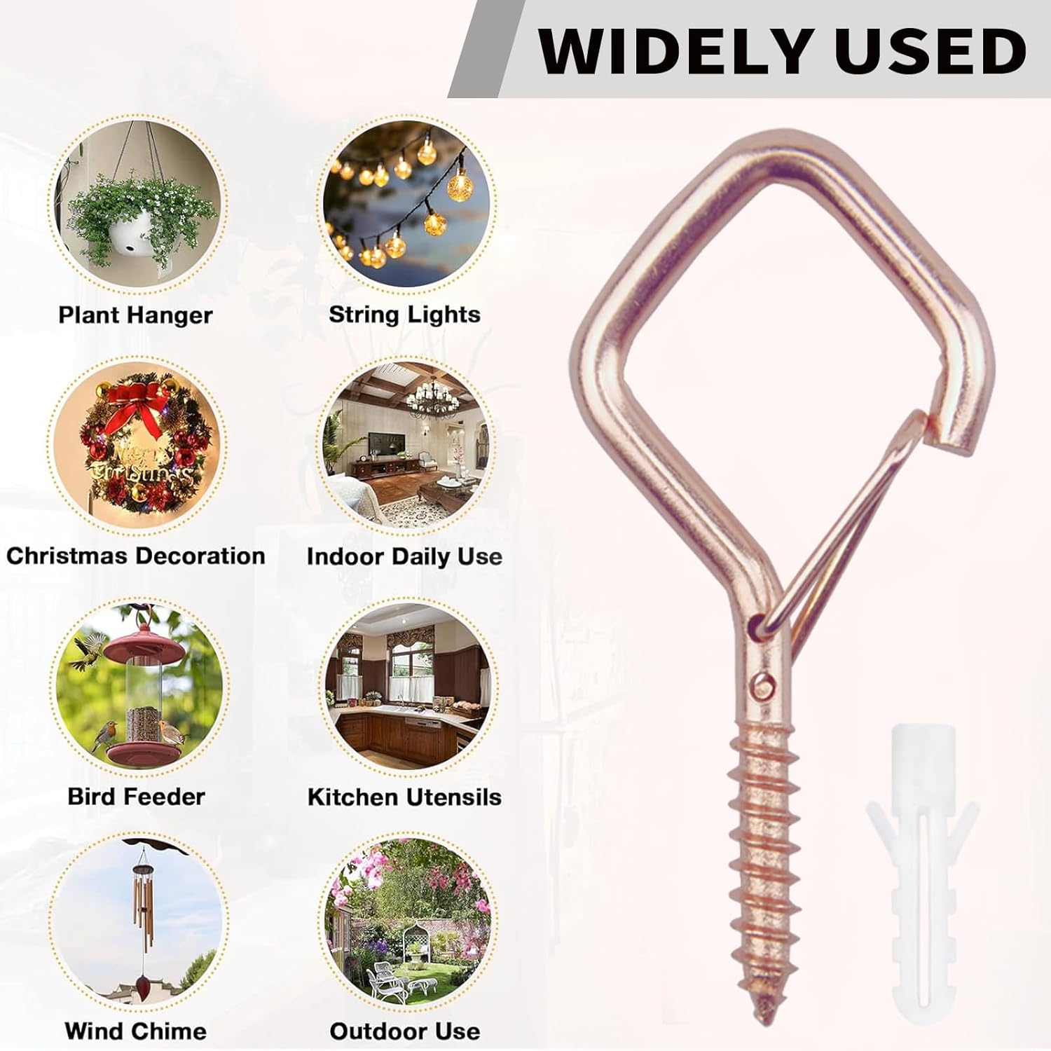 100 PCS Rose Gold Eye Screw Hooks for Hanging Heavy Duty with Safety Buckle.Metal Ceiling Hooks for Hanging Plants Cup Wind Chime Bird Feeders Patio Lights at Indoor&Outdoor