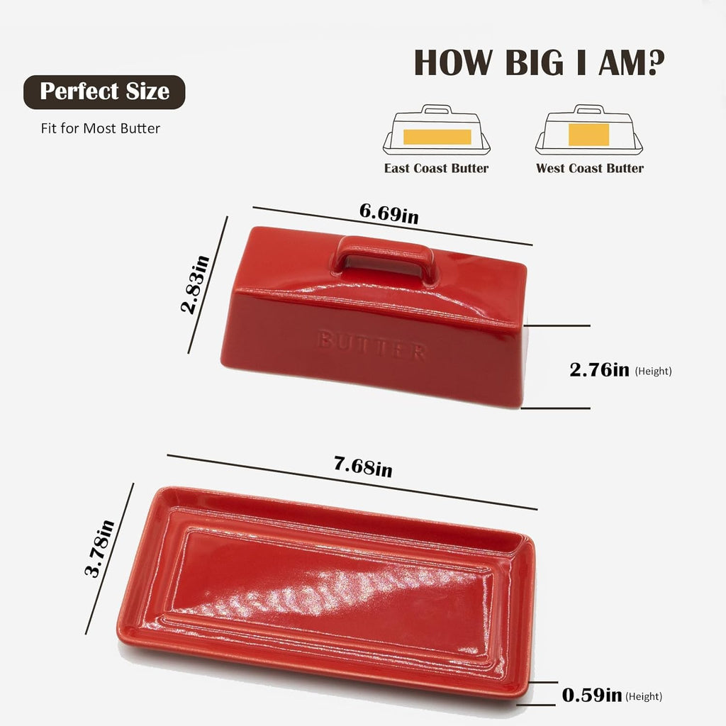 Ceramic Butter Dish With Lid for Countertop, Covered Butter Holder With Lid, Red Butter Container, Butter Tray With Handle