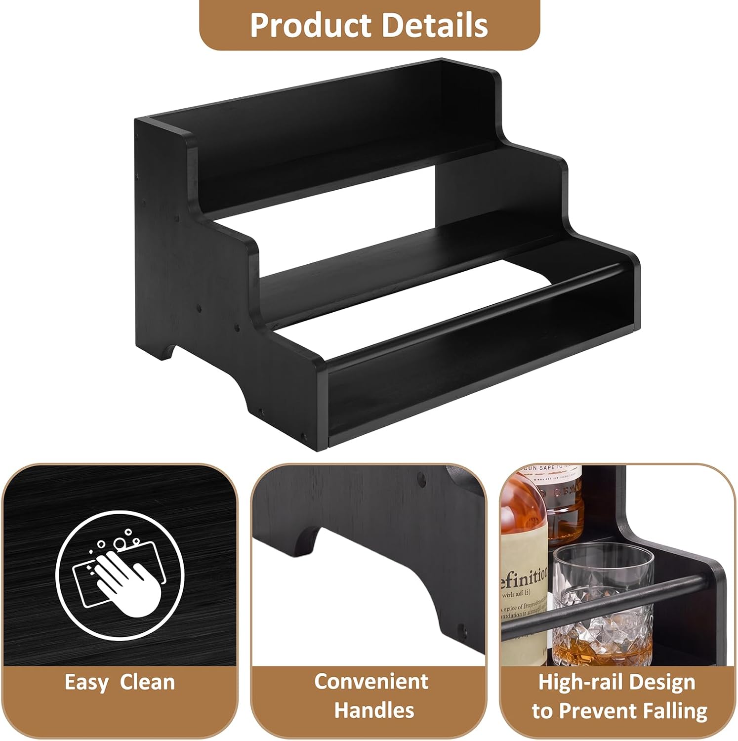 Mufico Bamboo Liquor Bottle Display Shelf with Handles & Guardrail, Black | 3 Step Tabletop Liquor Wine Racks, Coffee Syrup Rack for Mini Bar, Kitchen, Home Retro, Liquor Cabinet, Office, Spirits