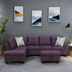 Modern Living Room Furniture Sets with Cup Holder, Modular Sectional Couches with Chaise Lounge, 4-Seaters L Shape Sofa with Storage Ottoman, for Living Room, Apartment, Purple