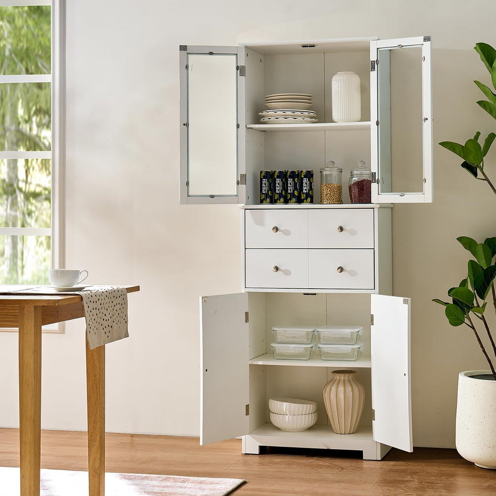67in H Kitchen Pantry Cabinet with Glass Doors and Drawers, Kitchen Hutch Cab...