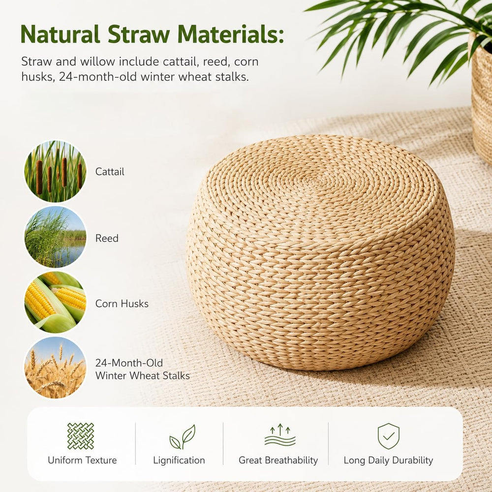 Small Straw Pouf Ottoman, Low Natural Footrest, Dia: 12.2" | Natural, Ec...